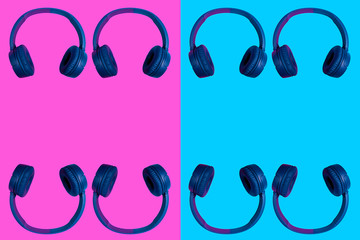 Multiple doubled wireless headphones on two colored background. Flat minimal style. Design and colors