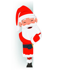 Happy Santa Claus standing behind a sign and showing on blank placard
