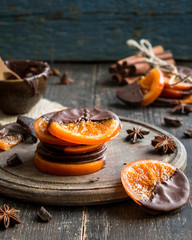 Christmas sweets, oranges in chocolate