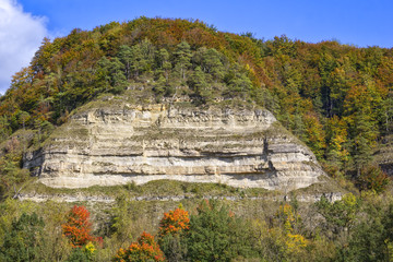 View to one of the rocks in the Werra Valley during autumn