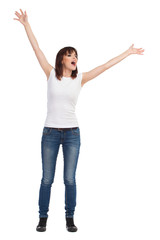 Happy Young Woman Is Shouting And Holding Arms Raised