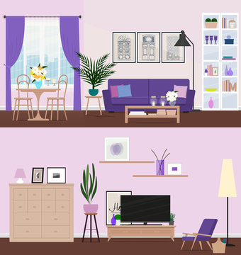 Living room with furniture. Cozy interior. Vector illustration.
