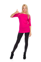 Smiling Beautiful Blond Woman Is Showing Thumb Up