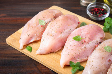 Raw chicken fillets on a cutting board against the background of a wooden table. Meat ingredients...