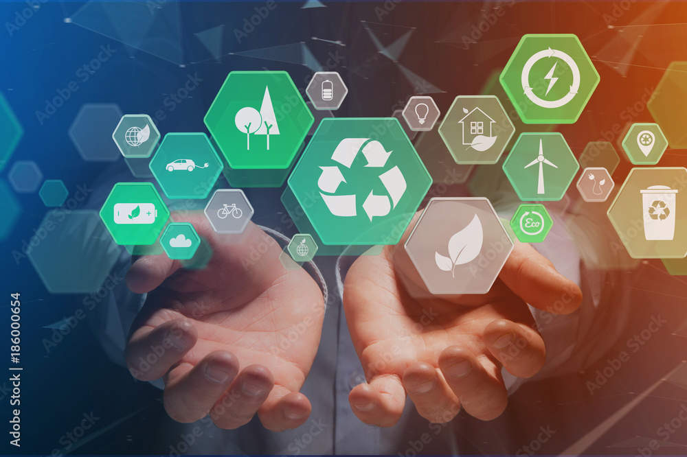 Poster technology ecologic interface with icon displayed on a futuristic interface