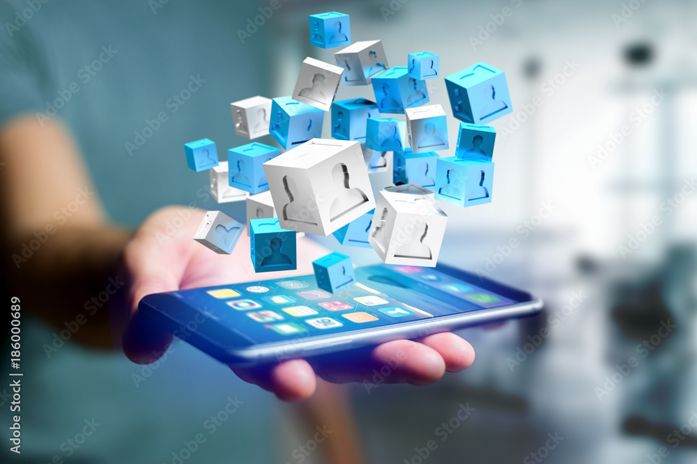 Aufkleber 3d rendering blue and white cube on a futuristic interface