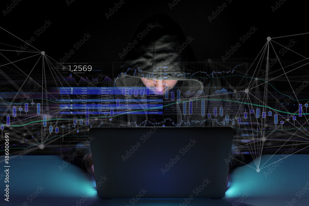 Poster hacker man in the dark using computer to hack data and information system