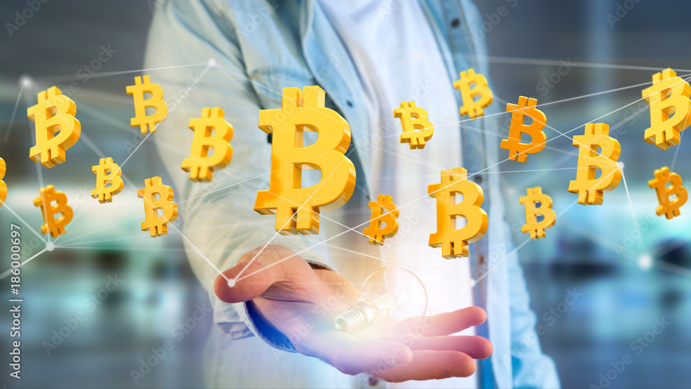 Poster bitcoin sign flying around a network connection - 3d render
