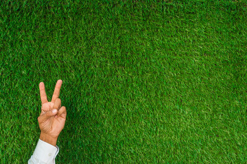 Hand with two finger up count and a blank on a green grass background. Number 2