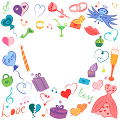 Colorful Hand Drawn Valentines Day Symbols. Children's Funny Doodle Drawings of Hearts, Gifts, Rings, Balloons and Candle. Vector Illustration.