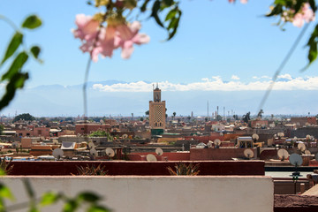 cityscape of buildings in Marrakech with blue sky