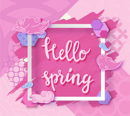 Hello spring pop art poster with japan wave pattern, lettering,modern banner or background in trendy paper cut geometric style, chinese eastern ornament, trendy vector fashion invitation, gift card