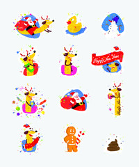 Set of icons, illustrations for the new year, Christmas. Santa Claus and yellow dog symbol Chinese New Year. Vector stickers in a flat style. Images are isolated from the background and ready for prin