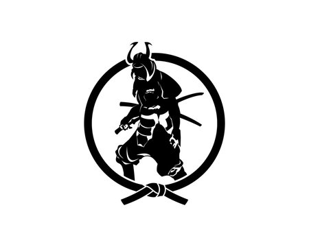 Black Ninja Ronin like Samurai with Sword, Armor, and Iron Helmet - Circle Black Belt Illustration Symbol Silhouette Logo Vector