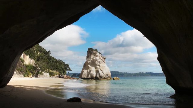sunny morning view of cathedral cove on the north island of new zealand