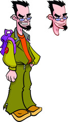 Young man with a backpack in glasses. Vector character for animation. Image is isolated on white background. Vector flat illustration. Branded mascot.