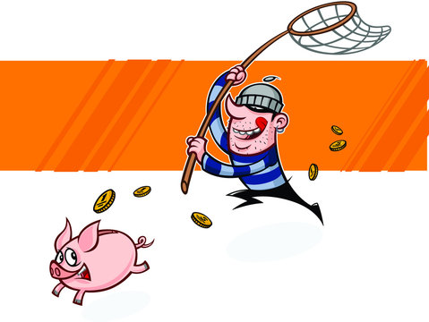 The thief runs after the piggy bank. Vector flat illustration of a pig and a burglar. Image is isolated on white background. Ready for printing, web and animation. Lovely characters are mascots.