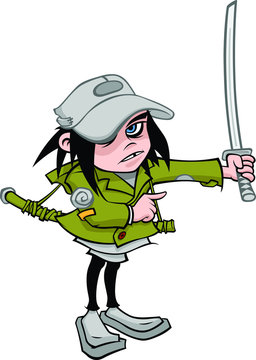 Angry girl with a katana, in military uniform. Vector character in a flat style. Image is isolated from white background. Company character.