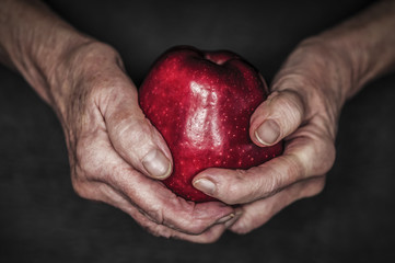 Hands hold a red apple / Hands of an old woman are holding a red apple in front of black background.