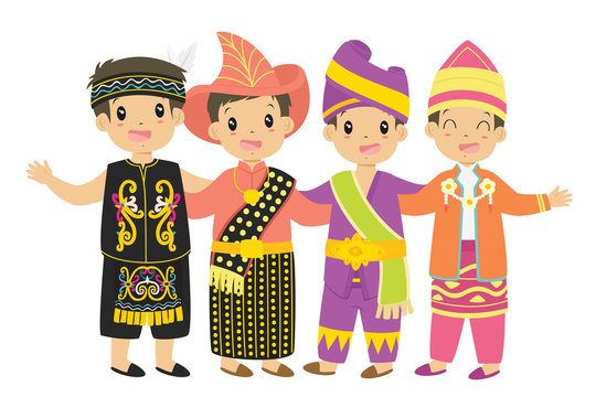 Indonesian children wearing traditional dress cartoon vector. Dayak, Nusa Tenggara Timur, Padang, and South Kalimantan traditional dress