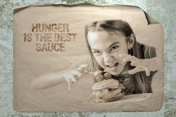 old paper ad on a cement wall with a portrait of a girl with hamburger and inscription hanger is the best sauce.