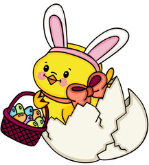 Chick with bunny ears in broken egg
