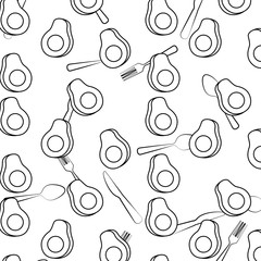seamless pattern avocado fresh slice fork knife and spoon vector illustration outline design