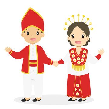 Happy boy and girl wearing Maluku traditional dress and holding hands. Indonesian children, Maluku traditional dress cartoon vector