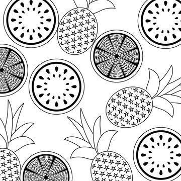 orange pineapple and watermelon fruit seamless pattern vector illustration outline design