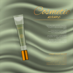 Vector 3D cosmetic illustration on a soft silk background. Beauty realistic cosmetic product design template.