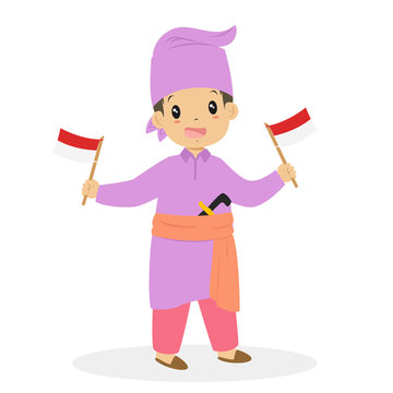 Boy wearing Riau traditional dress and holding Indonesian flags. Indonesian children, Riau traditional dress cartoon vector
