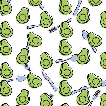 seamless pattern avocado fresh slice fork knife and spoon vector illustration
