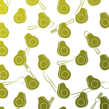 seamless pattern avocado fresh slice fork knife and spoon vector illustration