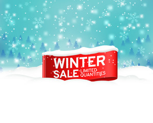 Naklejka na ściany i meble Winter sale background with red realistic ribbon banner and snow. Vector illustration