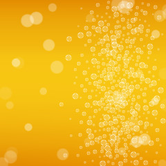 Beer background with realistic bubbles. Cool beverage for restaurant menu design, banners and flyers. Yellow square beer background with white frothy foam. Cold glass of ale for brewery design.