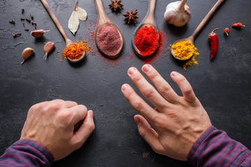 man refuses spices. allergies concept