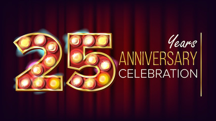 25 Years Anniversary Banner Vector. Twenty-five, Twenty-fifth Celebration. Shining Light Sign Number. For Traditional Company Birthday Design. Modern Red Background Illustration
