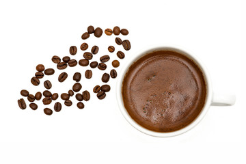 Top view of a cup of black coffee, isolate on white 