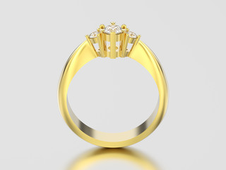 3D illustration yellow gold three stone diamond ring