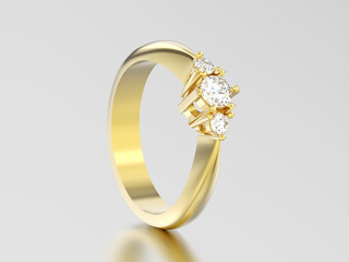 3D illustration yellow gold three stone diamond ring