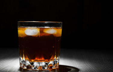 glass of iced tea on dark wooden background with copy space