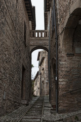 Spectacular traditional italian medieval alley in the historic center of beautiful little town of Spello (Perugia), in Umbria region -  central Italy