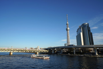  日本の東京都市風景「青空と隅田川を望む」（墨田区吾妻橋などの街並み風景・奥には押上の東京スカイツリーなども見える）
