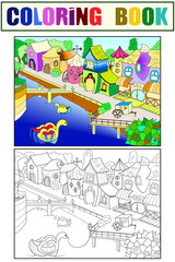 Children color vector fairy city with river