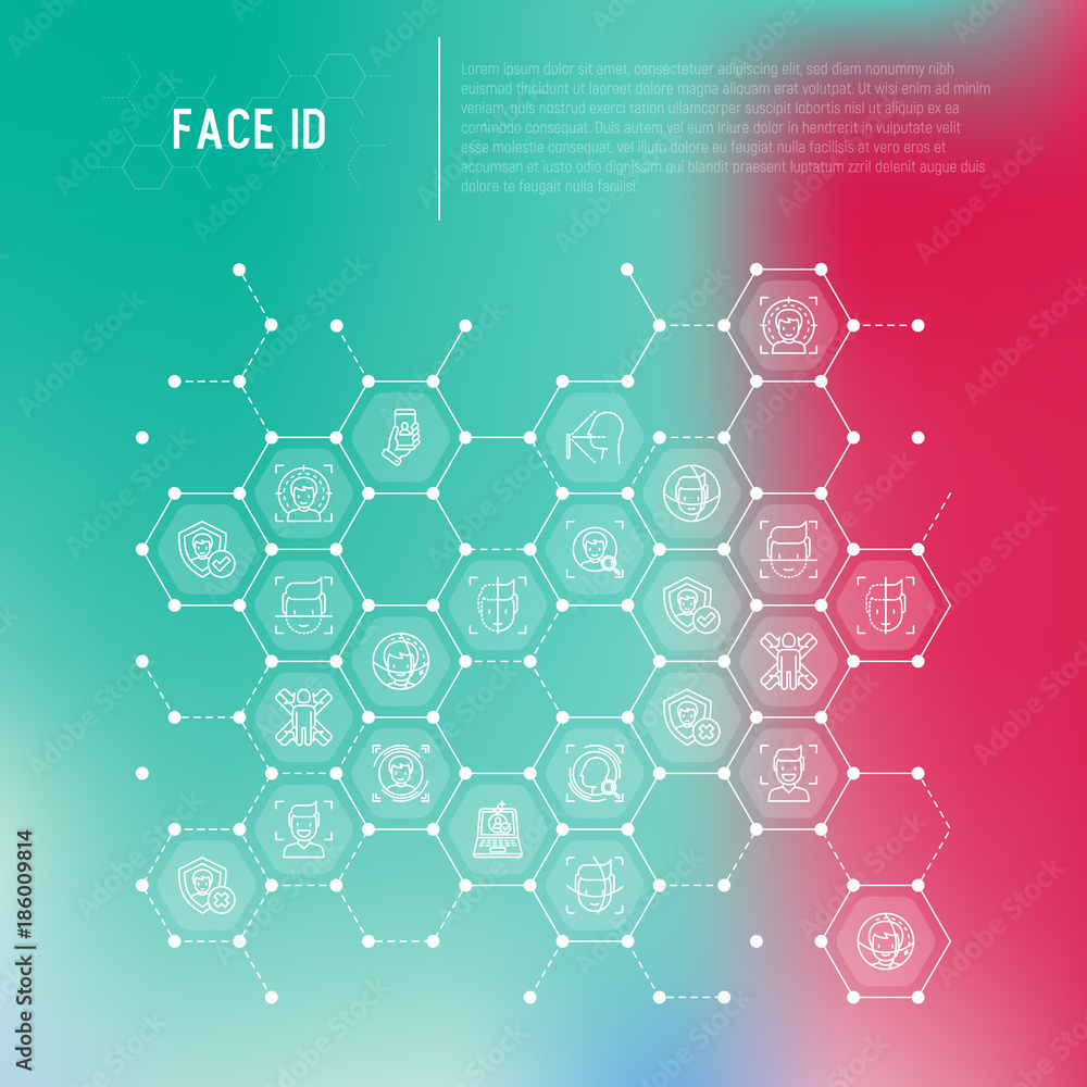 Poster face id concept in honeycombs with thin line icons: face recognition, scanning, mobile authenticatio