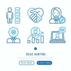 Head hunting thin line icons set: employee, hr manager, focus, resume; briefcase; achievements; career growth, interview. Vector illustration.