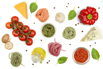 Homemade pasta, oil, sauce and vegetables, cooking background, top view