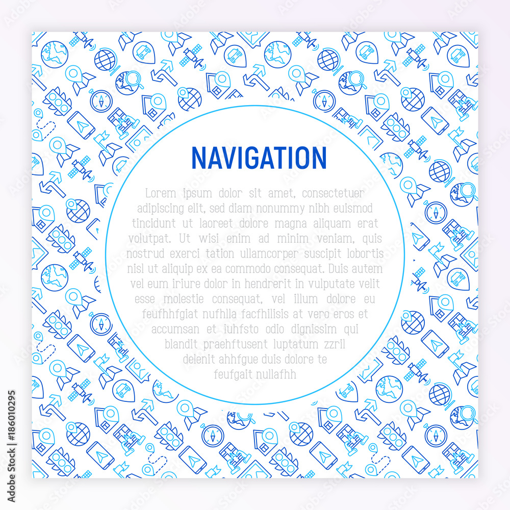 Poster navigation and direction concept with thin line icons set: pointer, compass, navigator on tablet, tr