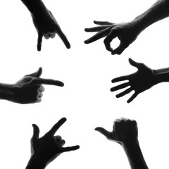 Silhouette of many human hands with different gestures - isolated on white