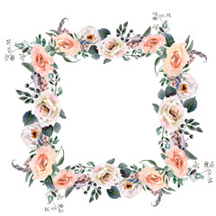 Hand drawing watercolor Wedding frame wreath green and purple flowers ornament